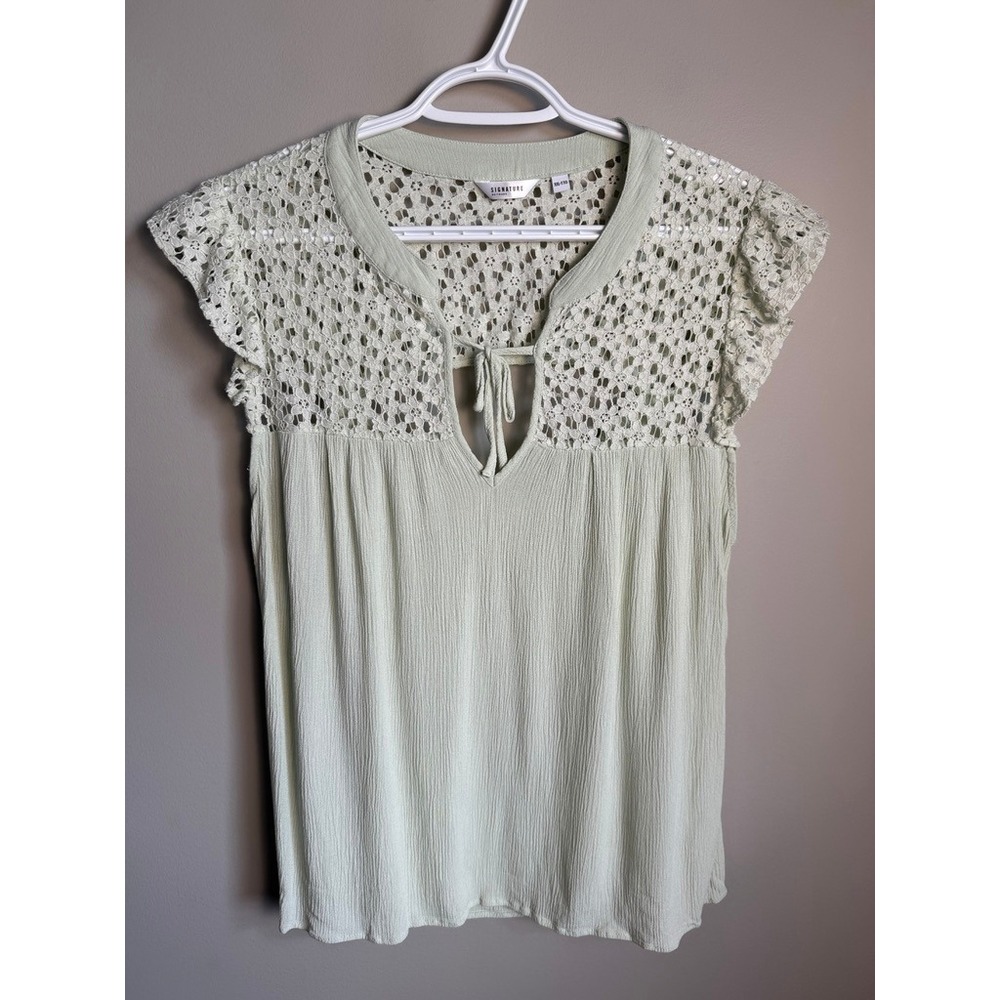 Signature Lace Crochet Flutter Sleeve‎ Blouse XXL Boho Green Romantic Cottage